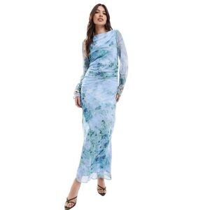 ASOS DESIGN - NWT Ruched Sleeve Maxi Dress in Blue Marble Sz 14